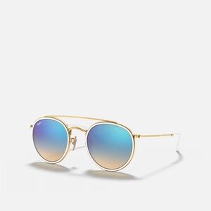 Ray-Ban Gold Round Double Frames Sunglasses with Blue-to-Gold Mirrored Lenses